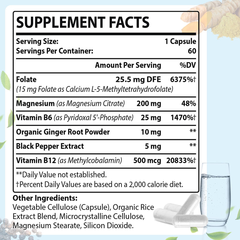 L Methylfolate 15mg (5-MTHF) - Active Folic Acid with B6 and B12 - Vegan, Gluten-Free, Dairy-Free (1 Pack)