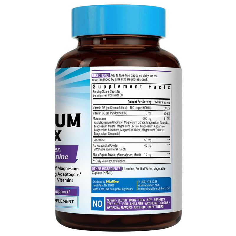 Vitalibre 15 in 1 Magnesium Complex for Women Men, 120 Vegan Capsules | Magnesium Glycinate, Malate, Taurate and More, with Ashwagandha, L-Theanine, Vitamin D3 & B6, Relaxation, Bone, Nerve Support