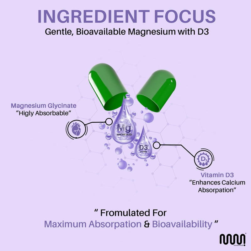 MasterMedi Magnesium Glycinate 100mg with Vitamin D3 – High Absorption Formula – Supports Sleep, Muscle Relaxation, Stress & Bone Health – 60 Capsules, 2-Month Supply