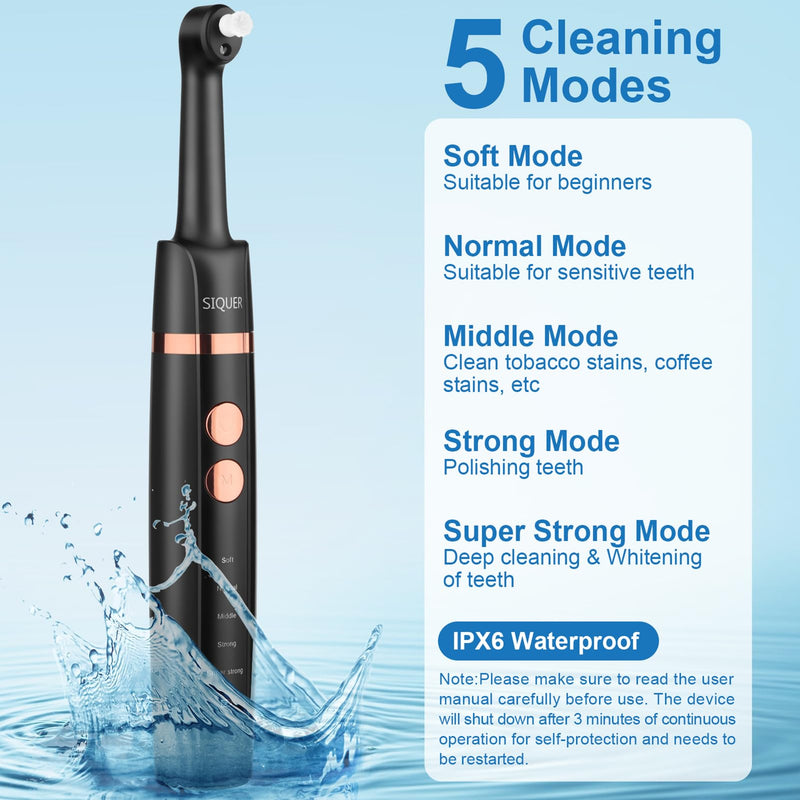 Tooth Polisher - SIQUER Plaque Remover for Teeth Whitening Dental Tools Electric Tartar Polishing Teeth Cleaning Kit with LED Light 5 Speed Modes with 5 Replacement Brush Heads (Black) Black
