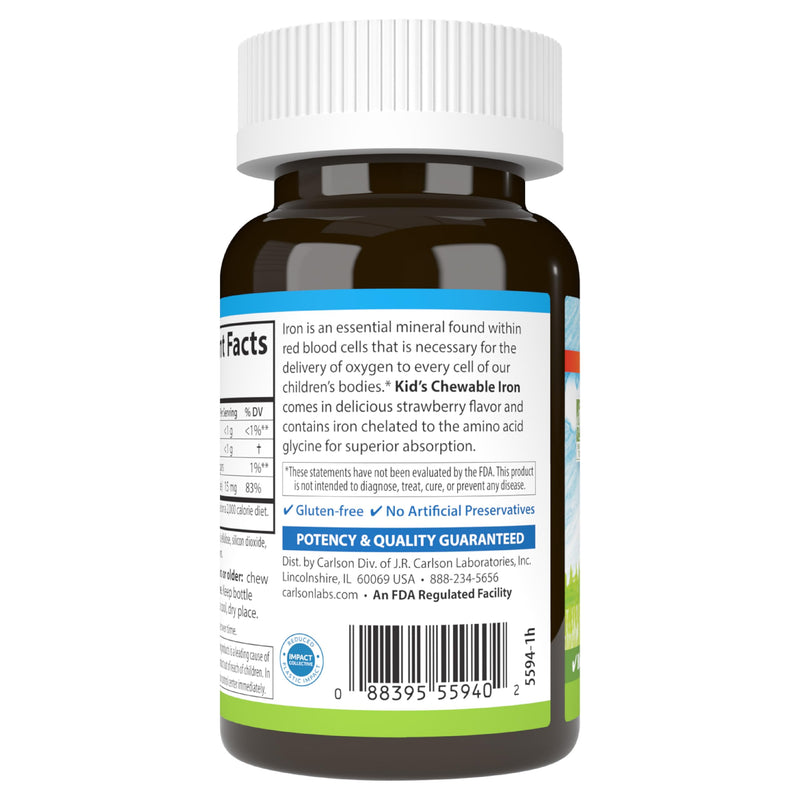 Carlson - Kid's Chewable Iron, 15 mg, Superior Absorption, Blood Health, Energy Production & Optimal Wellness, Natural Strawberry Flavor, 60 Tablets 60 Count (Pack of 1) - BeesActive Australia