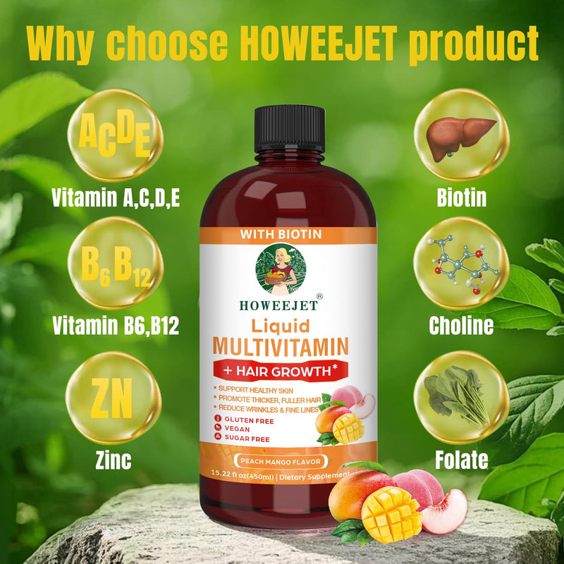 Liquid Multivitamin for Hair Growth | Biotin 10000mcg | Hair & Skin Support Supplement | Clinically Tested for Thicker Hair & Skin Elasticity | Suitable for Women & Men, Ages 18+ | 15.22 Fl Oz (1) 1