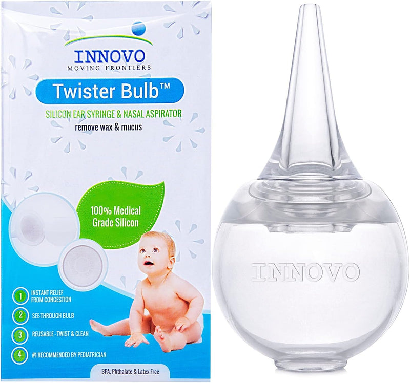 Innovo FSA/HSA Eligible Hospital Grade Silicone Twister Bulb Baby Ear Syringe and Nasal Aspirator, Sucks Snot and Mucus, Cleanable and Reusable, Clear Clear White