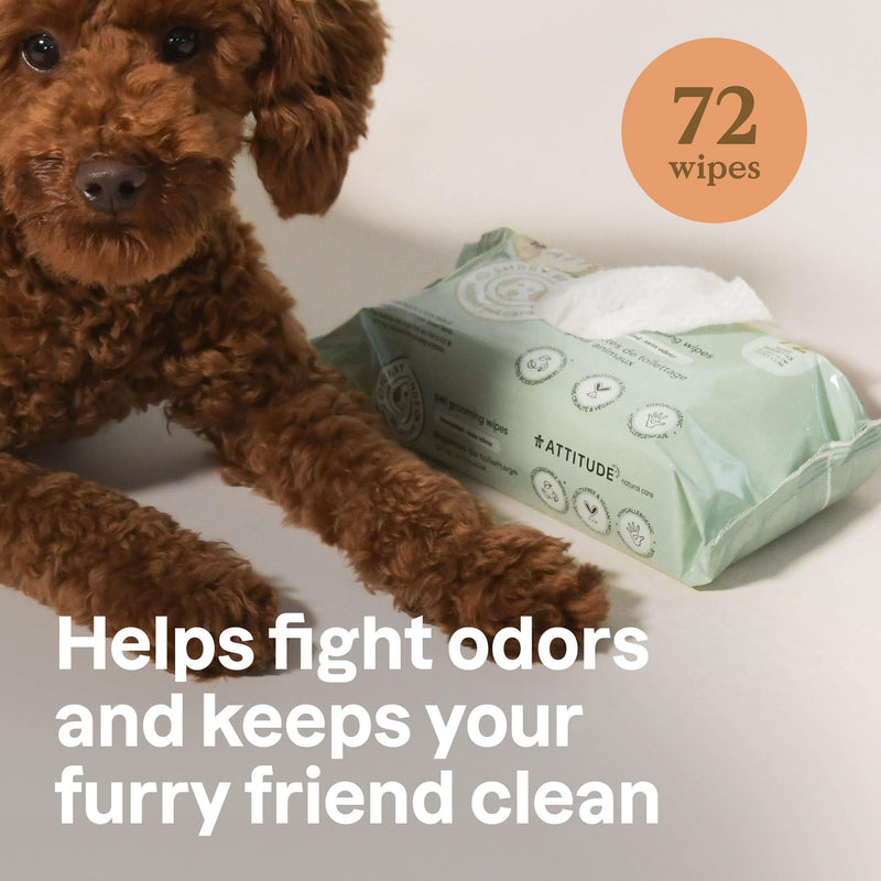 ATTITUDE Pet Grooming Wipes, Plant and Mineral-Based Ingredients, Vegan and Cruelty-Free Biodegradable Products, Unscented, 72 count - PawsPlanet Australia