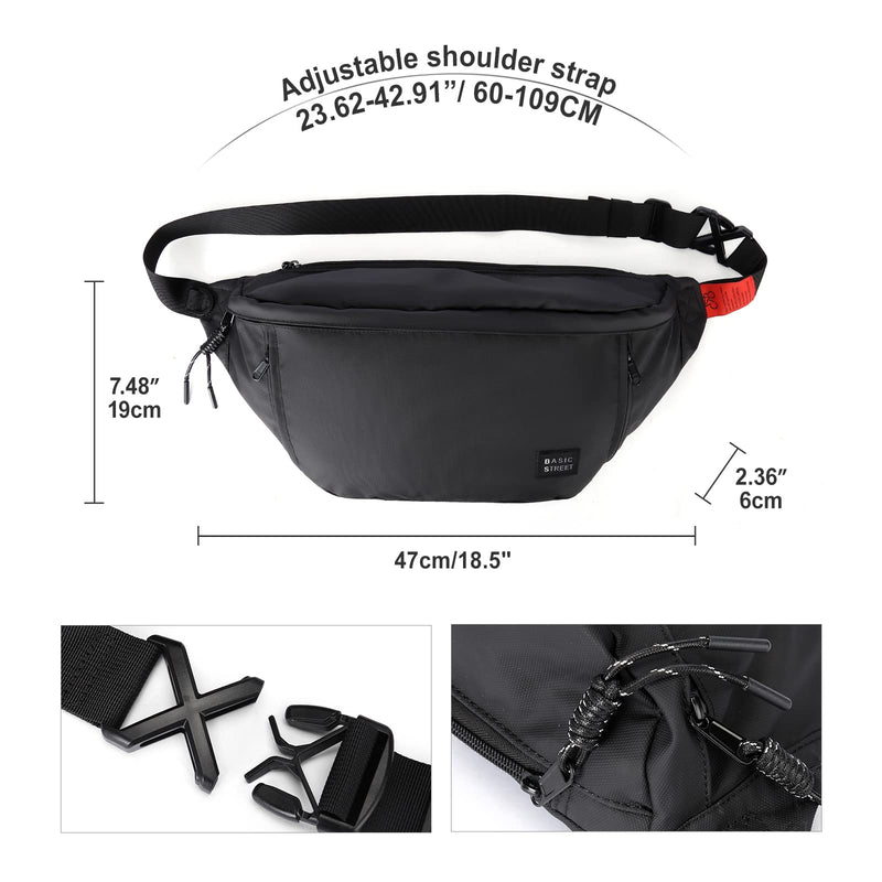 Large Crossbody Fanny Pack for Women Men,Water Resistant Waist Bag Pack with Adjustable Strap & 5-Zipper Pockets,Black B-Black(with 5 Zipper Pockets)