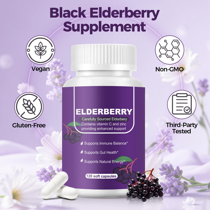 Black Elderberry Immune & Gut Support Complex - with Zinc, Dual-Source Vitamin C, Vitamin D3, Echinacea & Ginger - Daily Immune Defense, Digestive Comfort, 120 Capsules 60 Count (Pack of 1)