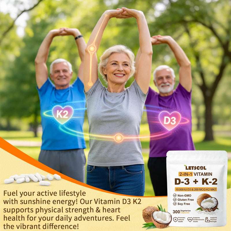 2-in-1 Vitamin D3 K2 Supplement Capsules, Vitamin D3 10000 IU and Vitamin K2 200 mcg, K2 MK7 with D3 Vitamin Supplement Support Immune, Heart, Teeth Health 300 Count (Pack of 1) 10,000 IU D3 & 200MCG K2 Capsules