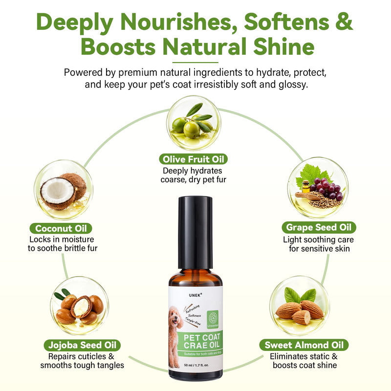 UNEK Unscented Pet Coat Oil for Dogs & Cats 50ml – Lightweight Leave-In Coat Conditioner with Olive, Coconut & Jojoba Oils – Helps Reduce Static, Smooth Frizz & Add Shine to Dry or Long Fur