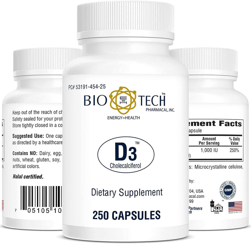 Bio-Tech Pharmacal D3 (1,000 IU), 250 Capsules – All-Natural Supplement – Supports Bone & Immune Health – No Dairy, Fish, Gluten, Peanut, Shellfish, & Soy – No Artificial Colors Standard Packaging