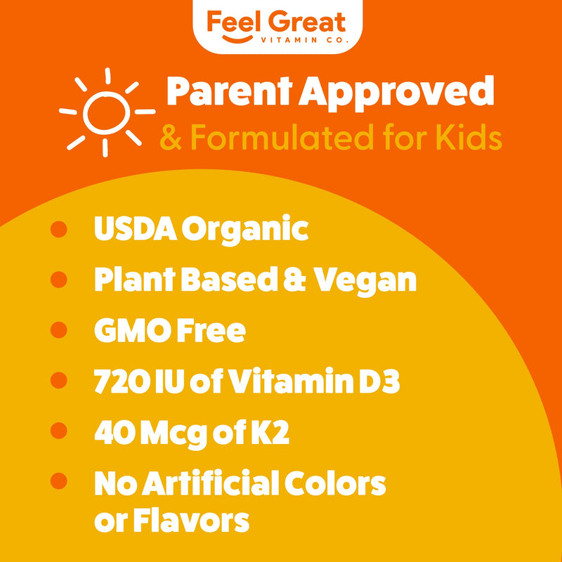 Feel Great Organic Vitamin D3 + K2 Liquid Drops for Kids & Infants, 2oz | USDA Organic Vitamin D3 + K2 Drops for Bone & Immune Support, Calcium Absorption, Tropical Fruit, Vegan, Gluten-Free