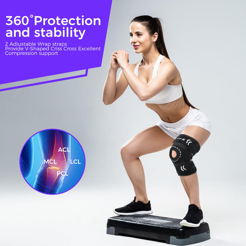 Adjustable Knee Support Brace for Women Men, Adjustable Compression Knee Patellar Pad Tendon Support Sleeve Brace - Arthritis Pain, Injury Recovery, Running, Workout, Neoprene Knee Brace with Stabilizers and Open Patella, Black
