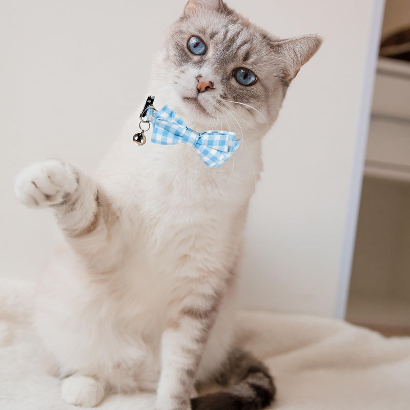Cute Cat Collar with Bell Adjustable Kitten Collar Bow Tie Collar for Boy Cats Small Pet Collar Classic Plaid & Solid Color Breakaway Safety Collar for Daily Wear (Blue) - BeesActive Australia