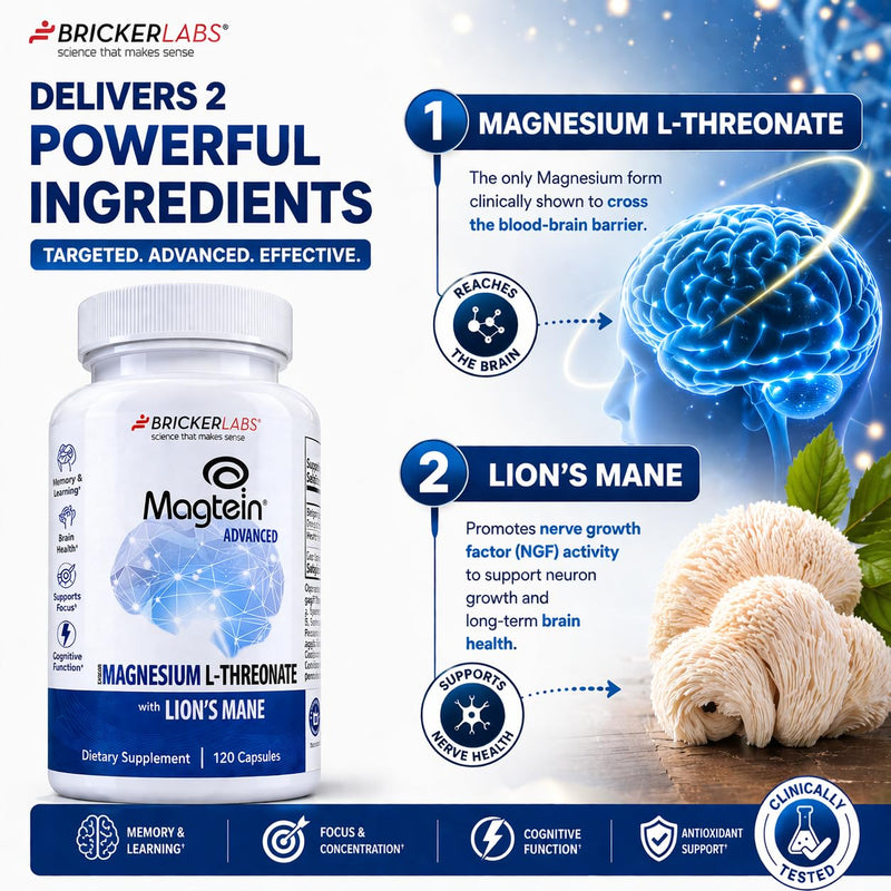 Bricker Labs Magtein & Lion's Mane Magnesium L-Threonate Supplement | Brain Health, Memory & Focus, Cognitive Support, 120 Capsules, Advanced Formula Magtein with Lion's Mane