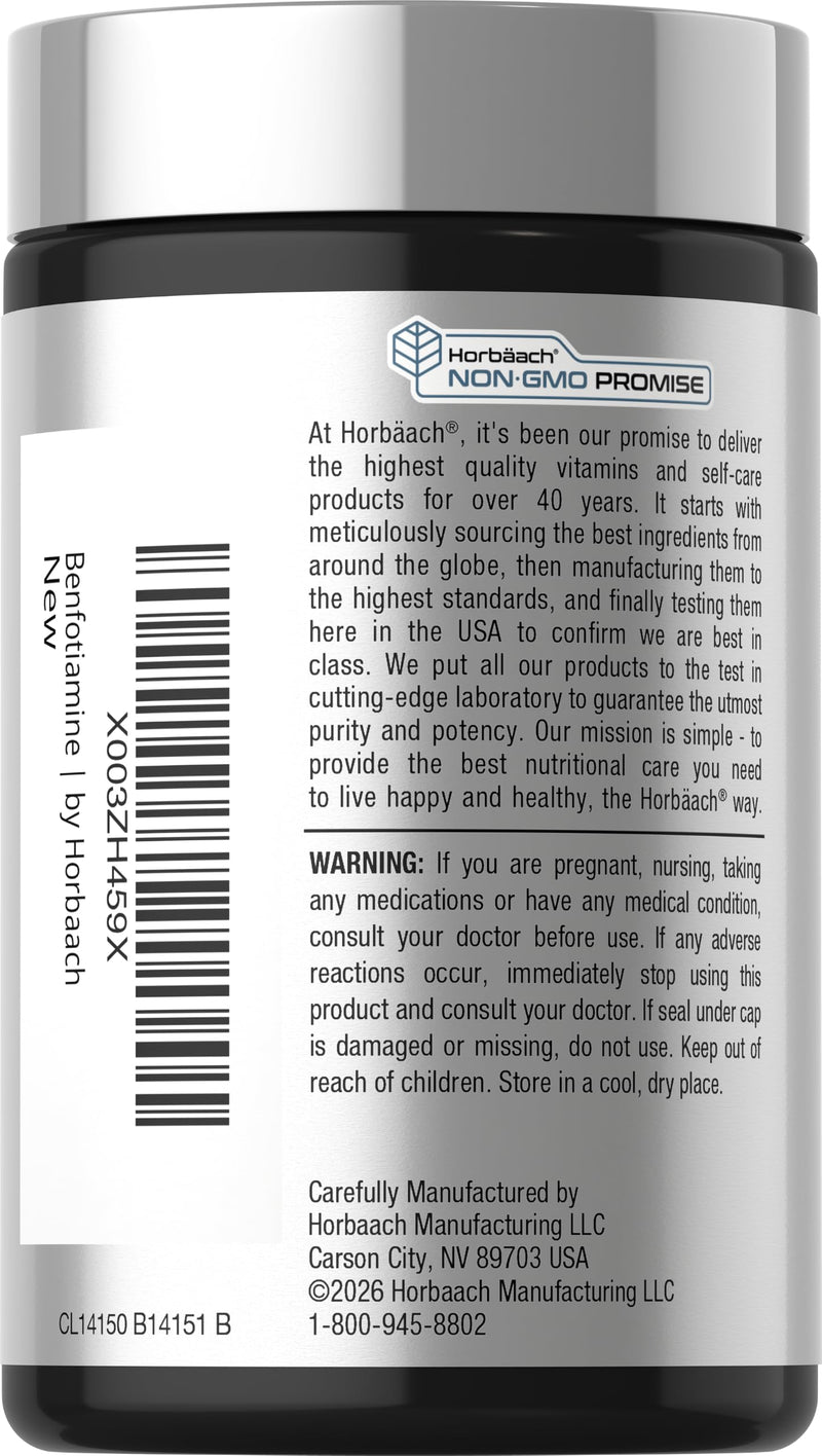 Horbaach Benfotiamine 300mg | 60 Capsules | Vitamin B1 Thiamine | Non-GMO & Gluten Free Supplement