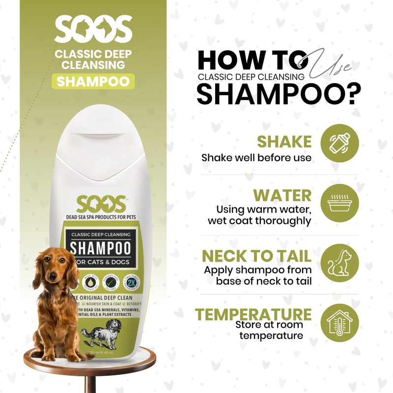 Soos Pets Dog Shampoo for Cats and Pets Natural Dead Sea Classic Deep Cleansing Fast Absorbing Coat with Vitamins Minerals Essential Oils Natural Ingredients Antib-acterial - 1x Pet Shampoo (250ml) - PawsPlanet Australia