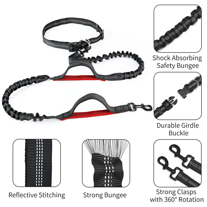 Hands Free Dog Leash with Zipper Pouch, Retractable Bungee Waist Leash with Dual Padded Handles & Waist Belt Fanny Pack for Medium & Large Dog Training Walking Running Hiking Jogging (Red) Red