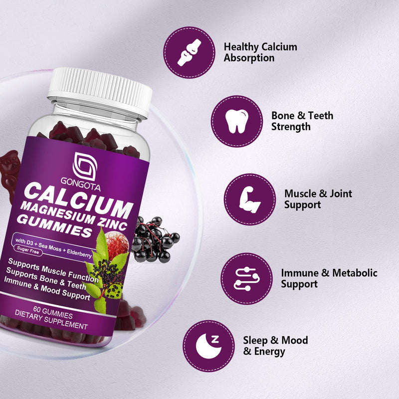 Calcium Magnesium Zinc with Vitamin D3 Supplement, Highly Absorbent Calcium Gummies with 300mg Magnesium glycinate Support Bone & Teeth, Muscle for Adults and Teens,Sugar Free, Vegan - 60 Count Elderberry 60 Count (Pack of 1)