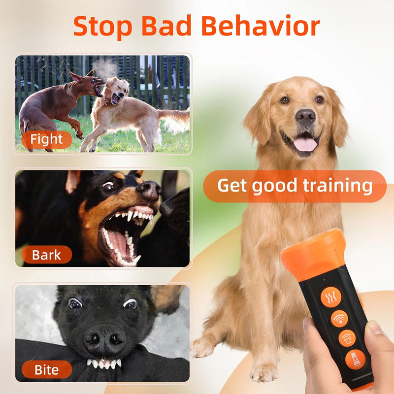 Dog Bark Deterrent Device – Ultrasonic Anti Bark Trainer with 4X Speakers, LED Flashlight & Clicker – Handheld Bark Control for Dogs – Rechargeable & Weatherproof – Orange/Black