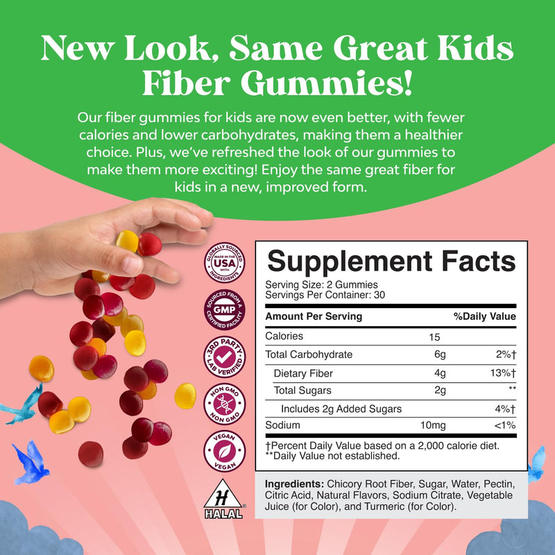 High Prebiotic Fiber Gummies for Kids - Dietary Fiber Supplements for Digestion & Constipation - Chicory Root Kids Immune Gummies - Non-GMO & Vegan Digestive Nutritional Supplements - 60 Count 60 Count (Pack of 1)