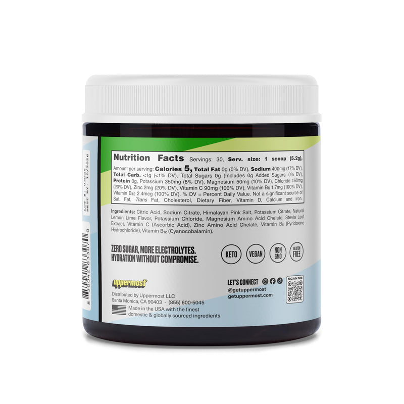 UPPERMOST Hydrate Hydration Keto Electrolytes Powder No Sugar Drink Mix - Naturally Flavored & sweetened - with Vitamin C, B6, B12 & Zinc - 30 Servings (Lemon Lime) Lemon Lime 5.5 Ounce (Pack of 1)