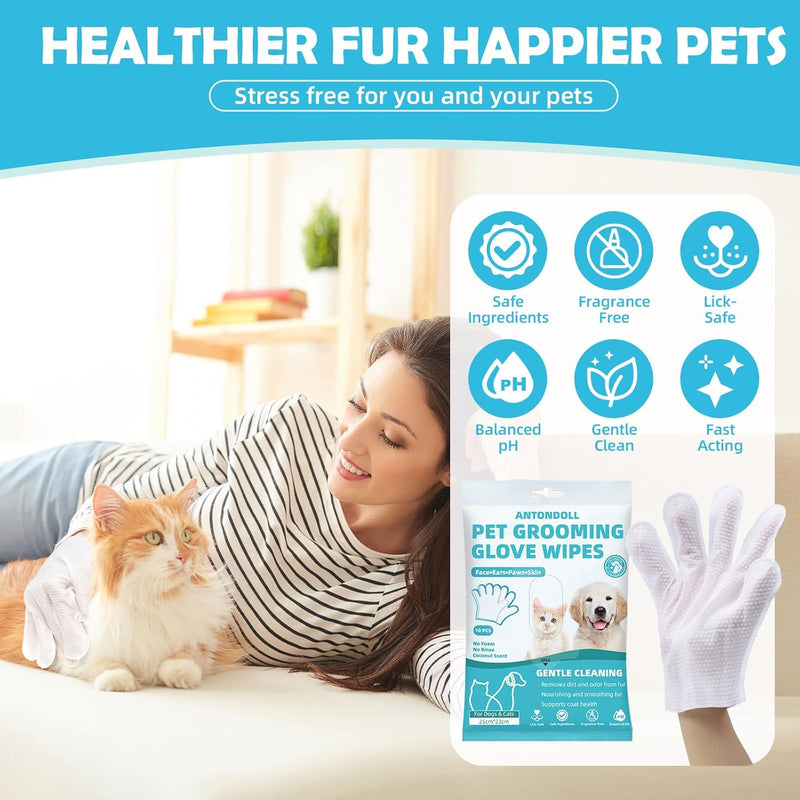 Pet Cleaning Glove Wipes for Dogs & Cats, Cleaning & Deodorizing Grooming Bathing Gloves, Nourish Cat Dog Fur Glove Wipes for Dry Cleaning, Daily Care and Travel No-Rinse 10PCS - BeesActive Australia