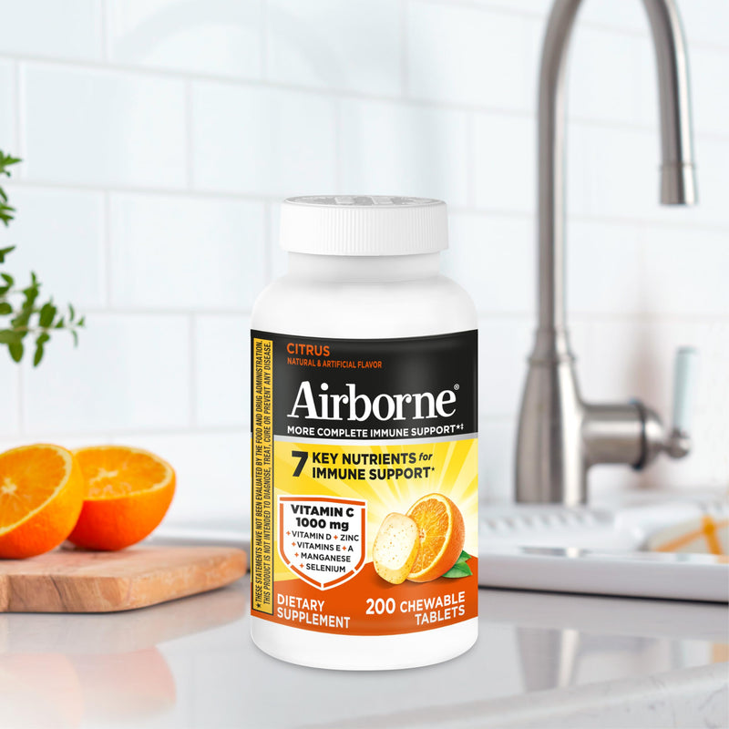 Airborne 1000mg Vitamin C Immune Support Citrus Chewable Tablets, 200ct | Antioxidants Vitamins A, D & E + Zinc, Selenium, and Manganese, Herbal Blend, Multivitamin Supplements, Immune Health, Tasty 200 Count (Pack of 1)