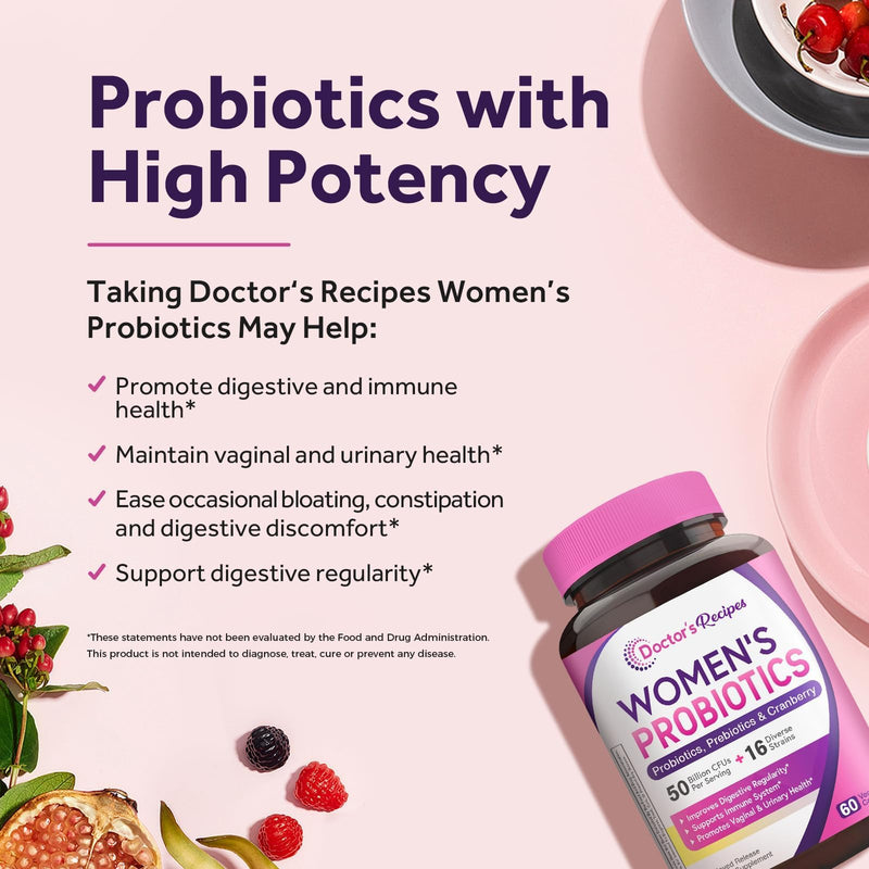 Doctor's Recipes Women's Probiotics, 120 Caps (2 Pack) 50 Billion CFU 16 Strains, with Organic Cranberry, Digestive Immune Vaginal & Urinary Health, Shelf Stable, Delayed Release, No Soy Gluten Dairy 60 Count (Pack of 2)