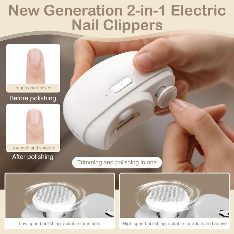 Automatic Nail Clipper Electric Nail Trimmer Polisher 2 in 1 Portable Fingernail Cutter with Light 2 Speeds File Nail Clip Storage Rechargeable Safety Trimmer for Baby Kids Adults Seniors (White) White - BeesActive Australia