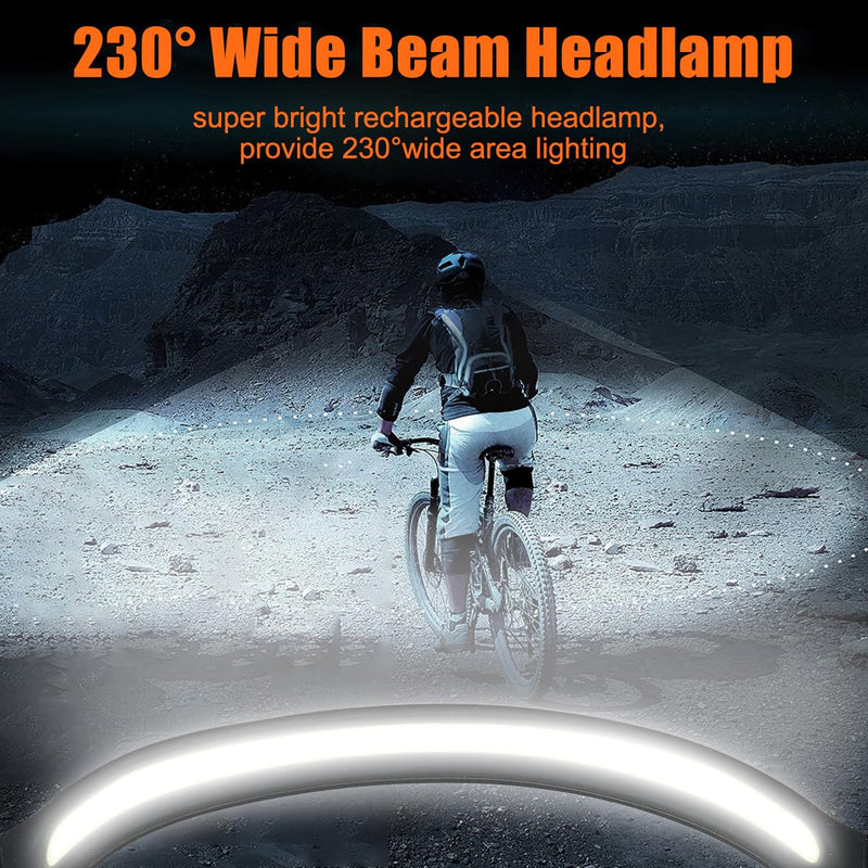 LED Headlamp Flashlight, High Lumens 230° Broadbeam Headlight, USB Rechargeable Head Lamp with Digital Power Display, Lightweight Waterproof Headlamps for Camping Running Hiking, Flexible Silicone pack of 2