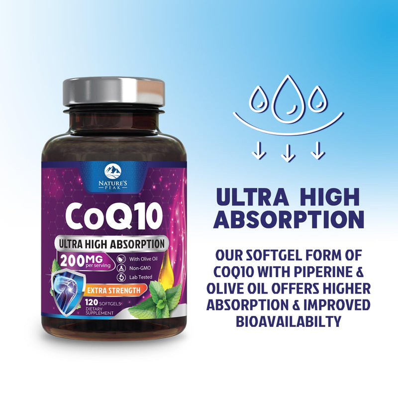 CoQ10 Softgels - 3x Better Absorption Coenzyme Q10 200mg Per Serving - Co Q 10 Softgel Supplement With Black Pepper, Energy & Heart Support Antioxidant for Women & Men, Bottled USA - 120 Softgels 120 Count (Pack of 1)