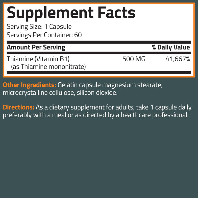 Bronson Vitamin B1 Extra Strength 500 MG High Potency Non-GMO, 60 Capsules Unflavored 60 Count (Pack of 1)
