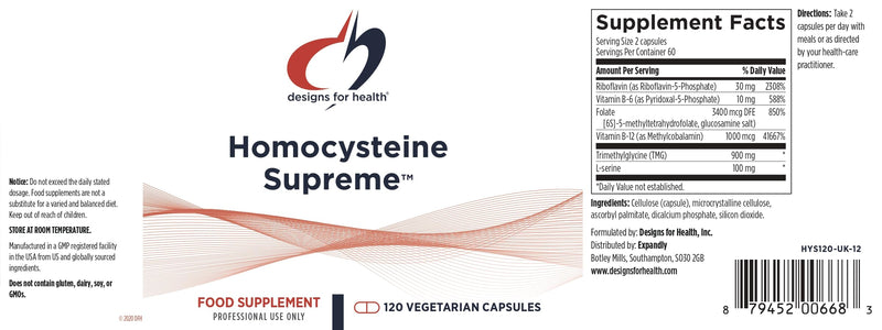 Designs for Health Homocysteine Supreme - Methylated Multivitamin of B Vitamins with Riboflavin, B6, B12, Folate, L-Serine & TMG for Brain Support & Healthy Inflammatory Response (120 Caps) 120 Count (Pack of 1)