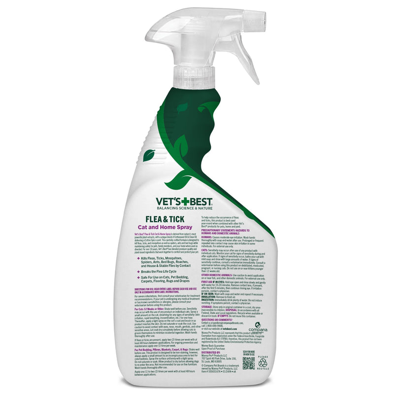 Vet’s Best Flea & Tick Home Spray for Cats – Plant-Based Flea and Tick Treatment with Cotton Spice Scent – Gentle Flea Mist for Indoor Use – Made in USA Natural Cat Flea Control – 32 oz