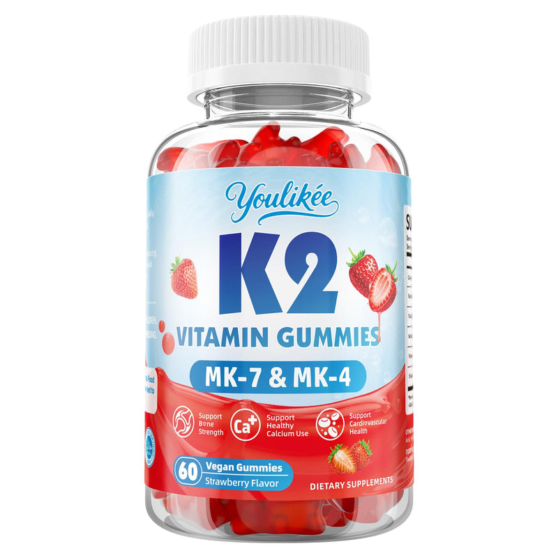 Vitamin K2 Gummies, Dual Formula Vitamin K2 Supplement with MK-7 & MK-4, Supports Bone Health, Gluten-Free, Sugar-Free, Non-GMO, Strawberry Flavor, 60 Gummies 60 Count (Pack of 1)