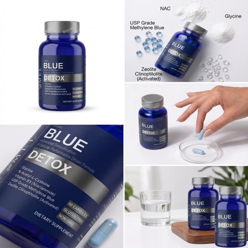 aromel Blue Detox | Advanced Cellular Performance & Detoxification Formula | Infused with USP Grade Methylene Blue, Zeolite Clinoptilolite, NAC, Glycine, and Vitamin B3 (Niacinamide) | 60 Capsules