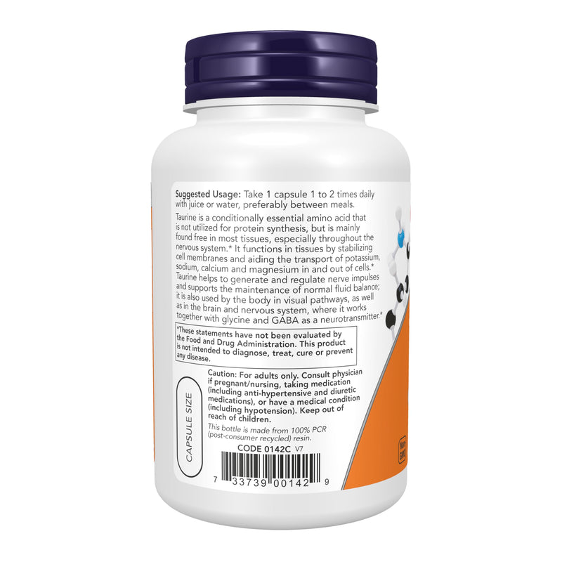 NOW Supplements, Taurine 1,000 mg, Double Strength, 100 Veg Caps 100 Count (Pack of 1)