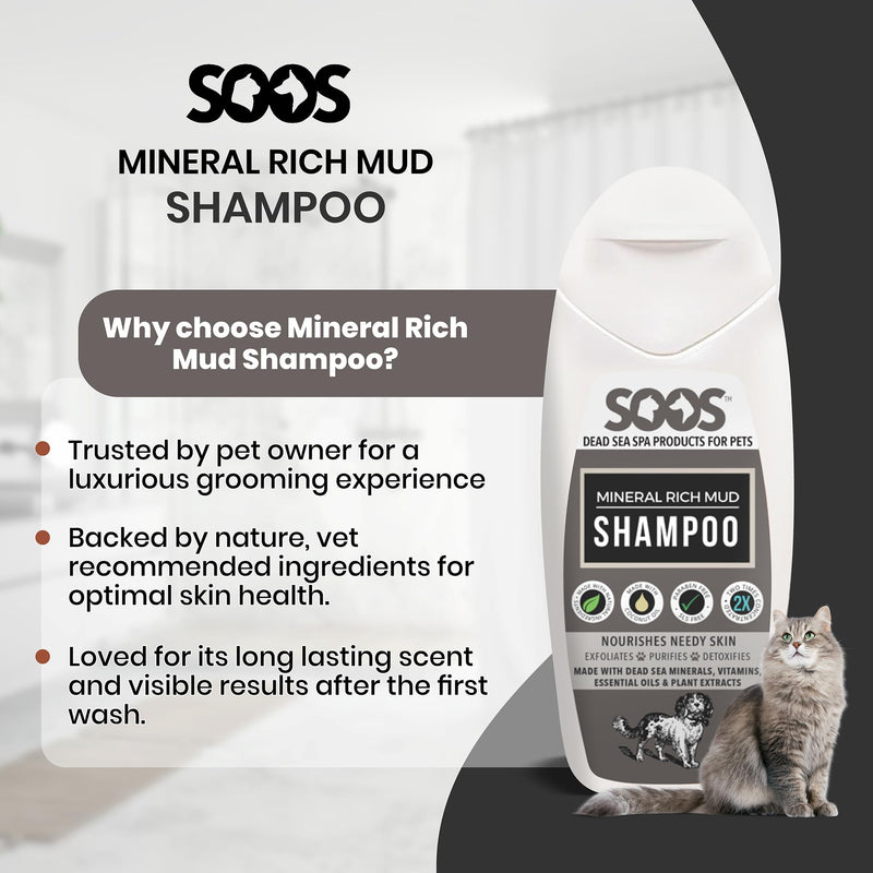 Soos Pet Dog Shampoo for Cats and Pets Mineral Rich Mud Natural Dead Sea Cruelty Free Fast Absorbing Skin Cooling First Aid Antib-acterial and Antif-ungal Odor Remover - 1x 250ml - PawsPlanet Australia