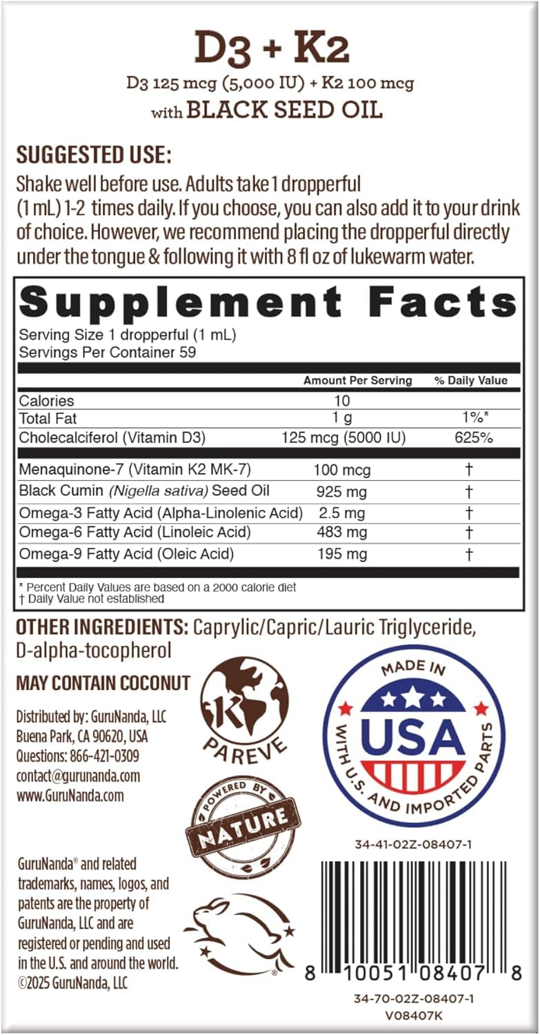 GuruNanda Black Seed Oil, Cold-Pressed Nigella Sativa - Rich in Vitamin D3 5000 Units, K2 & E, High Thymoquinone | Potent Antioxidant for Immune Support, Non-GMO, 2 Fl.oz,(Pack of 2) 2 Fl Oz (Pack of 2)