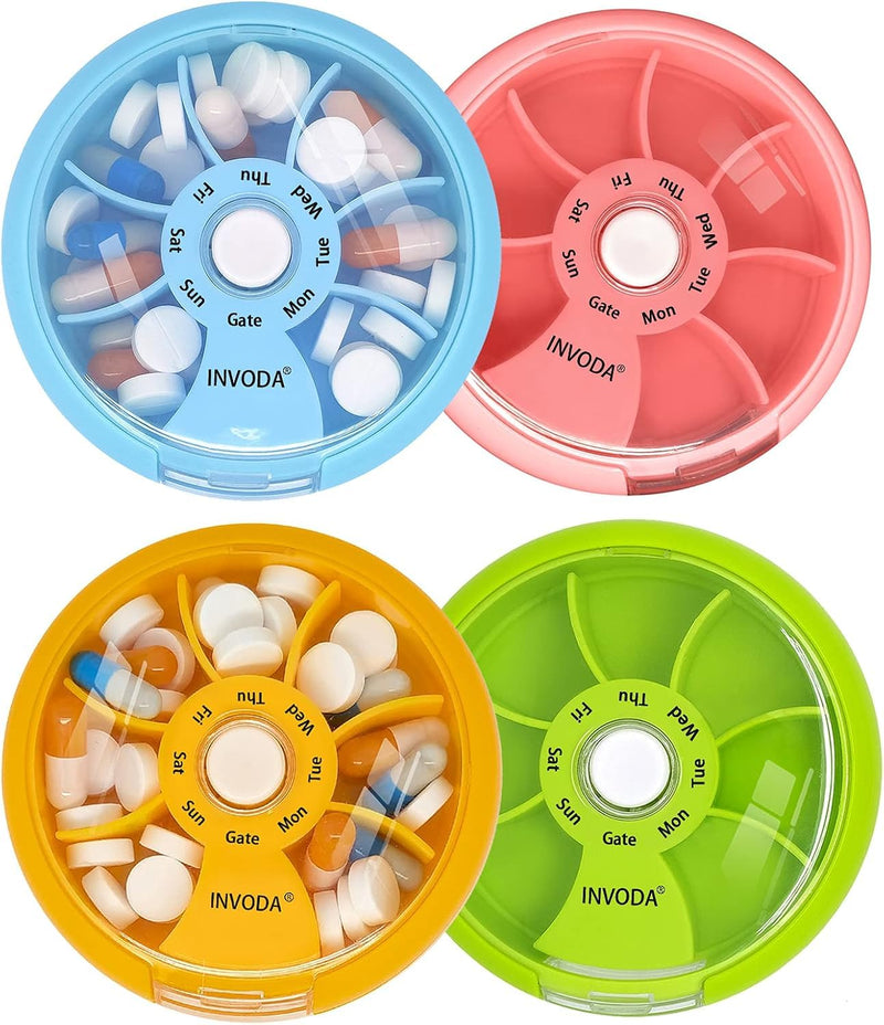 4PCS Portable Mini 7 Day Weekly Circular Shape Rotary Pill Storage Case Box | Small Pill Case Cute Pill Box 1 Time A Day for Pills Medication Supplements Vitamin 4 Colors