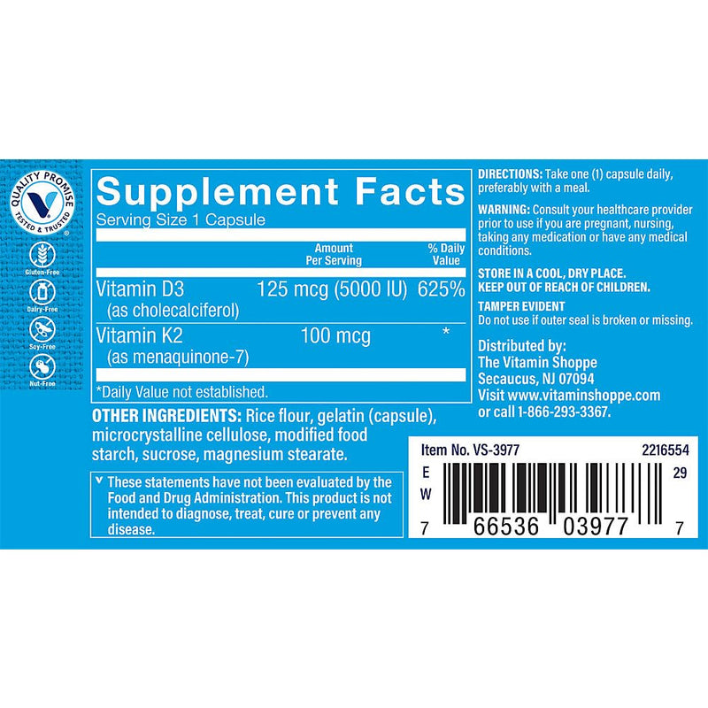 The Vitamin Shoppe Vitamin D3 & K2 MK7 Supplement, 5000 IU, 60 Capsules | Daily Vitamin to Support Bone Health, Calcium Utilization, and Immune Function