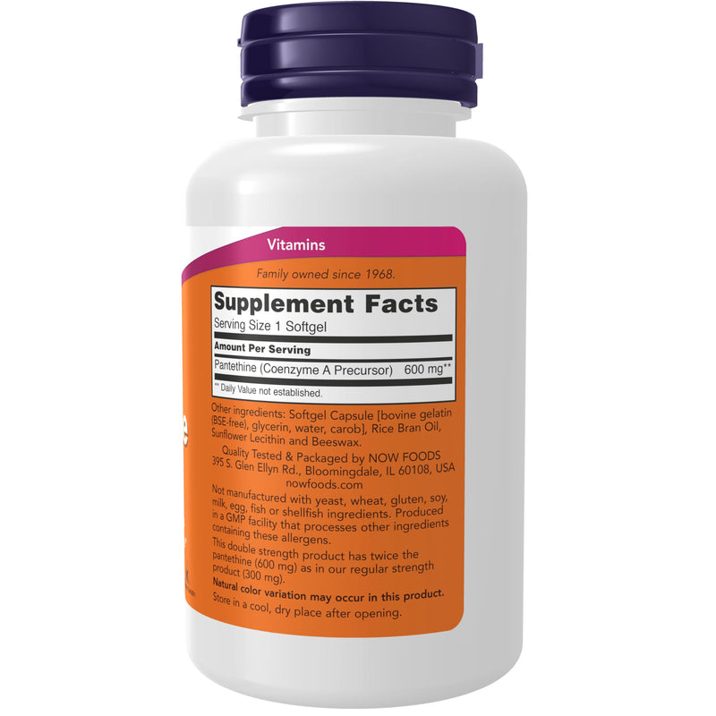 NOW Foods Supplements, Pantethine (Coenzyme A Precursor) 600 mg, Double Strength, Cardiovascular Health*, 60 Softgels 60 Count (Pack of 1)