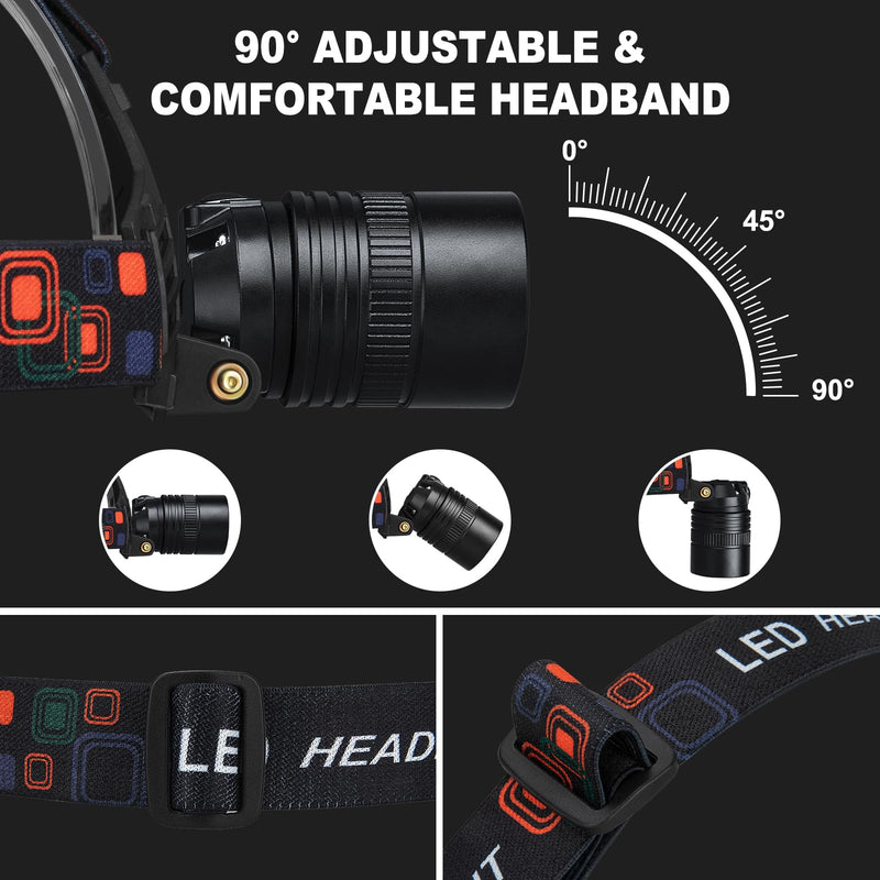 Rechargeable Headlamp 2Pack, 99000 Lumens Super Bright LED Head Lamp with 3 Modes, 90° Adjustable Head Lights for Forehead, 45H Long Runtime & IPX6 Waterproof HeadLamps for Camping Hunting Hiking 2