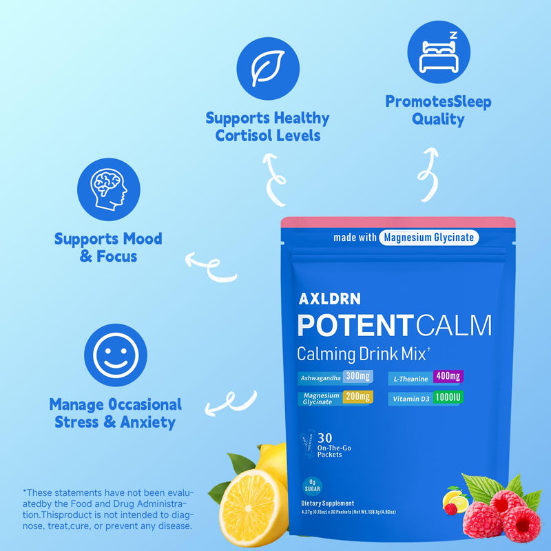 PotentCalm Super Cortisol Drink, Magnesium Glycinate Powder, L-theanine, Ashwagandha, Vitamin D, No Sugar, Raspberry Lemonade Electrolytes Powder - 30 Servings