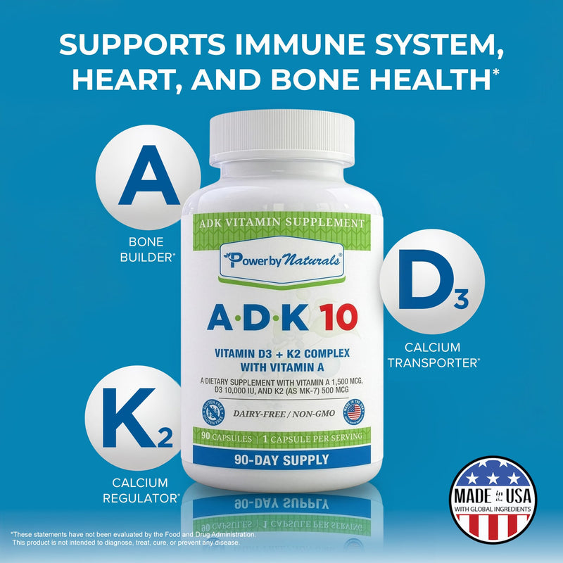Power By Naturals ADK Vitamin Supplement – Vitamins A, D3 250 mcg & K2 MK-7 for Bone & Immune Health – Gluten-Free, Soy-Free – 180 Capsules, 2-Pack (6-Month Supply) 90 Count (Pack of 2)