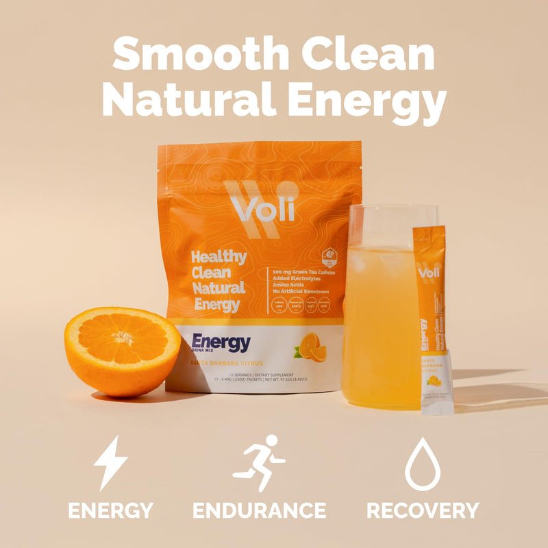 Voli Energy Drink Mix Packets | 100mg Green Tea Caffeine + Electrolytes | No Jitters, No Crash, No Added Sugar | Sustained Clean Energy & Mental Focus | Santa Barbara Citrus, 15 Count