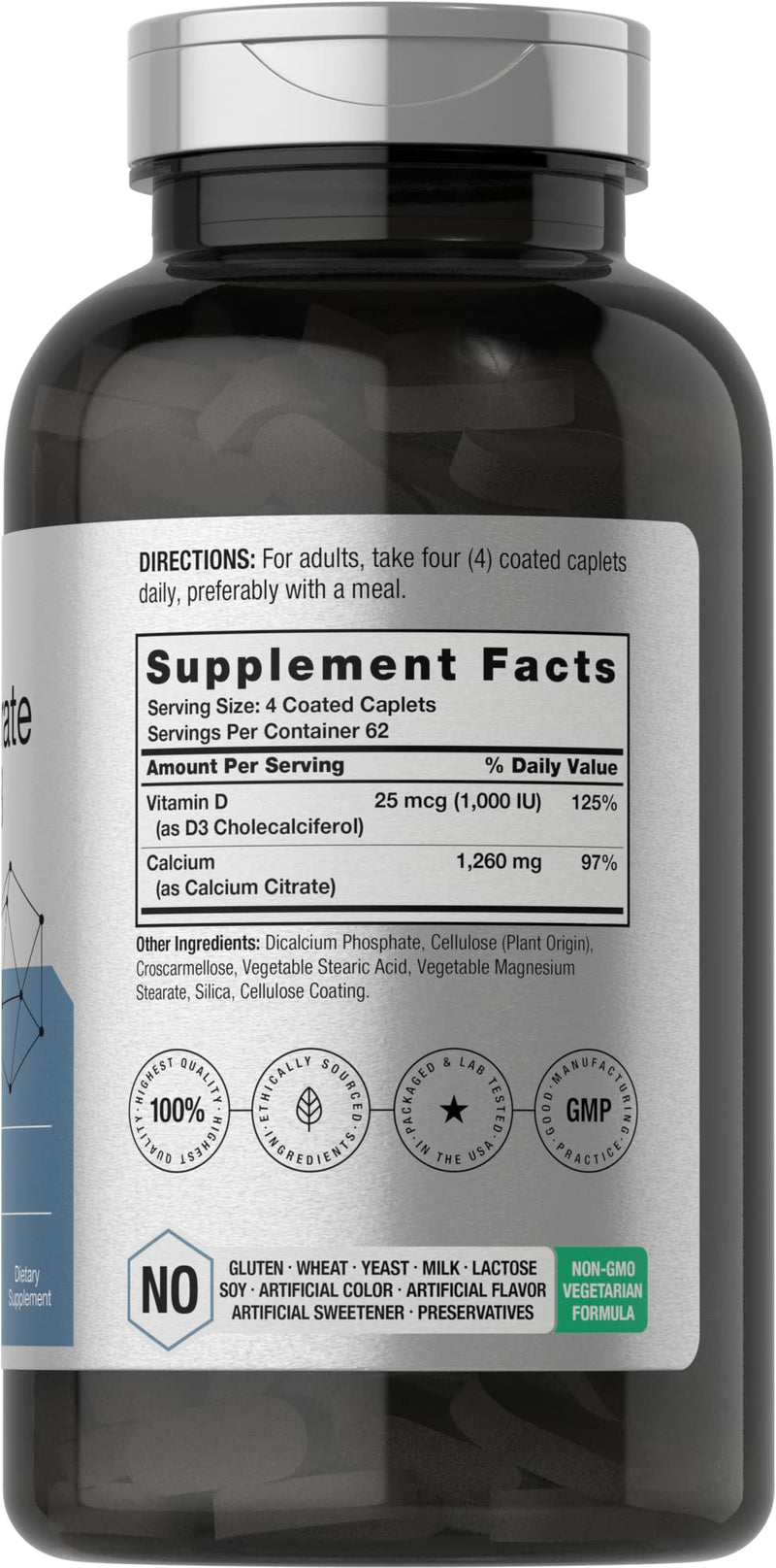 Horbäach Calcium Citrate with Vitamin D3 | 1260 mg | 250 Caplets | Vegetarian, Non-GMO, Gluten Free Supplement