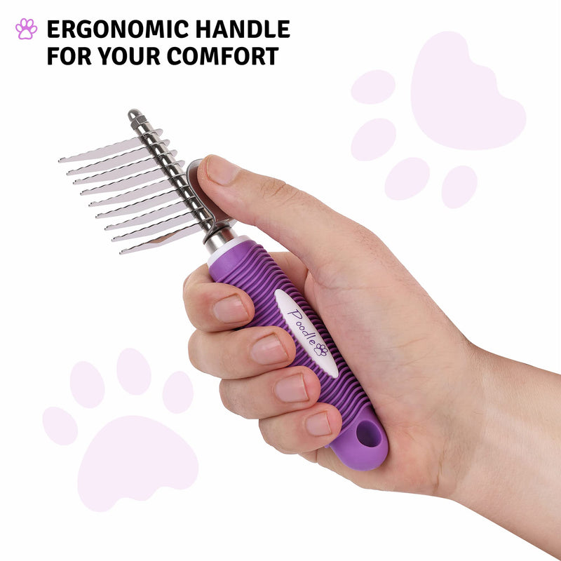 Poodle Dematting Fur Rake Comb Brush for Dogs and Cats - Long 2.5" Steel Safety Blades Metal Comb for Detangling Matted or Knotted Undercoat Hair Dematting Comb Purple - BeesActive Australia