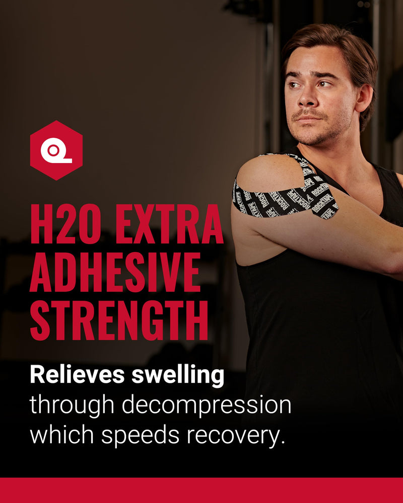 RockTape Extra Sticky Kinesiology Tape - Athletic Tape for Muscle Pain Relief, Injury Recovery - Microscopic Skin Lifting & Decompression - Sweat & Water Resistant Logo Black - BeesActive Australia