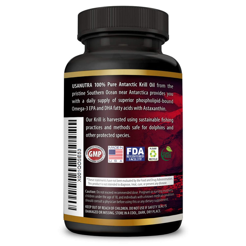 Antarctic Krill Oil Softgels 100% Pure with Omega-3 EPA DHA Astaxanthin 1000mg per Day (2 Softgels). Made in The USA