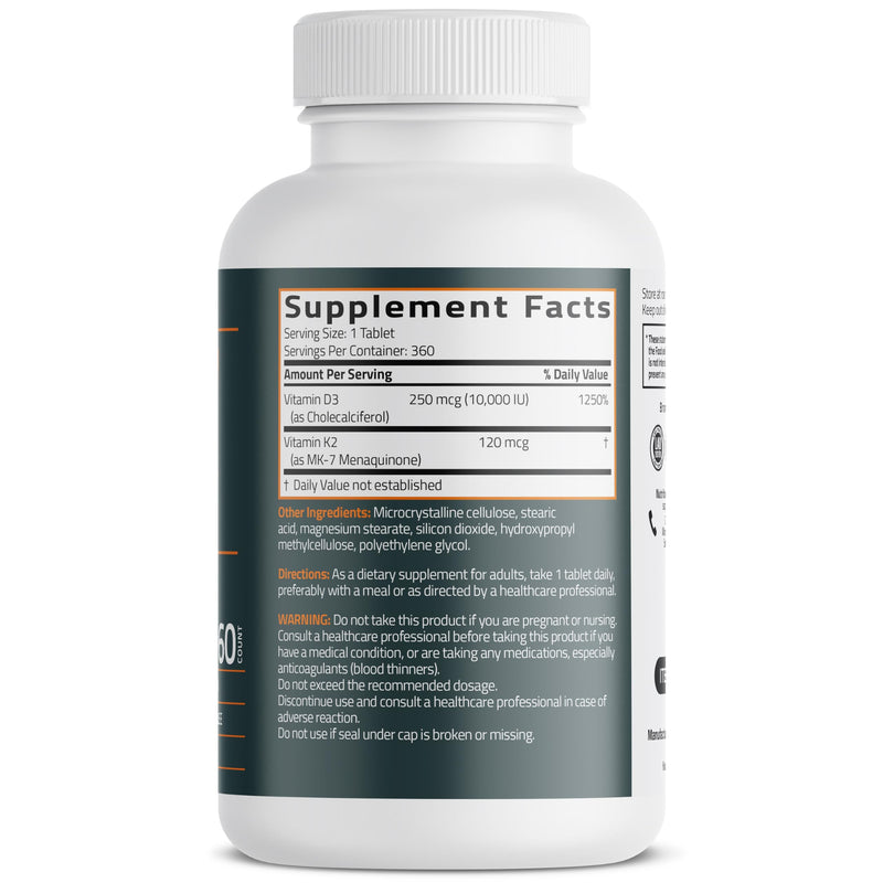 Bronson Vitamin K2 MK-7 + D3 10,000 IU Extra Strength, 360 Tablets | 120 mcg Vitamin K2 as MK-7 per Tablet, Bone Health Support, Non-GMO, Gluten-Free & Soy-Free 360 Count (Pack of 1)